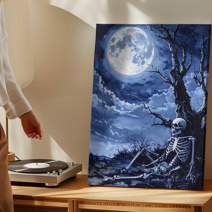 Moonlit Skeleton & Tree Canvas – Icy Blue Gothic Nighttime Art - Gifitto
