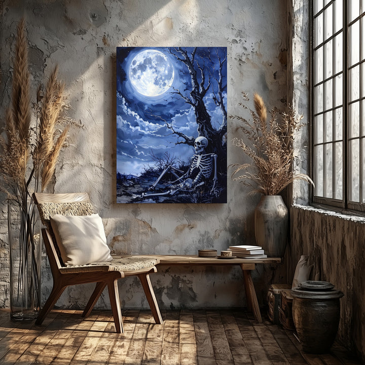 Moonlit Skeleton & Tree Canvas – Icy Blue Gothic Nighttime Art - Gifitto