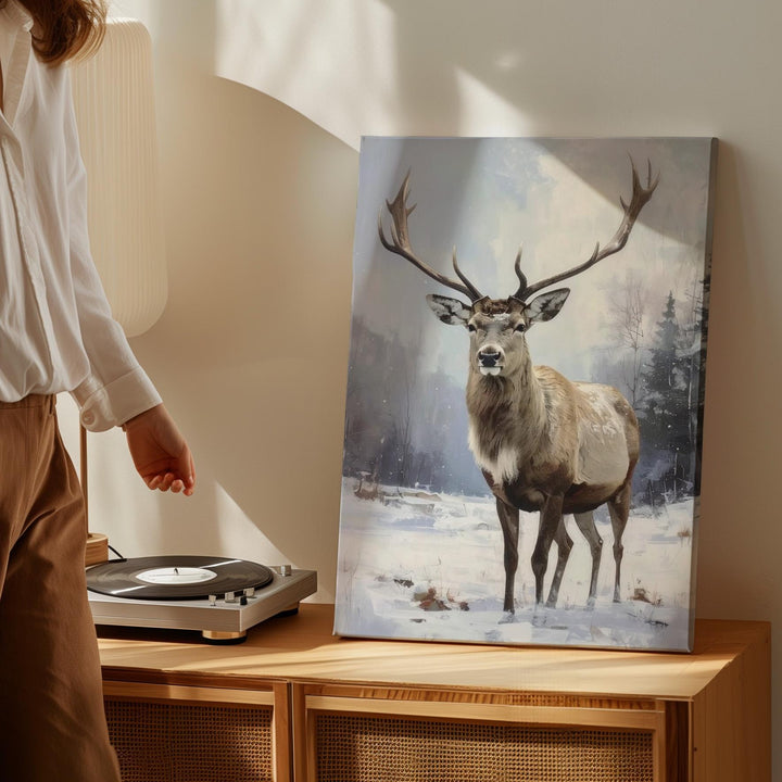 Graceful Reindeer in Snow Canvas – Peaceful Winter Forest Holiday Wall Art - Gifitto