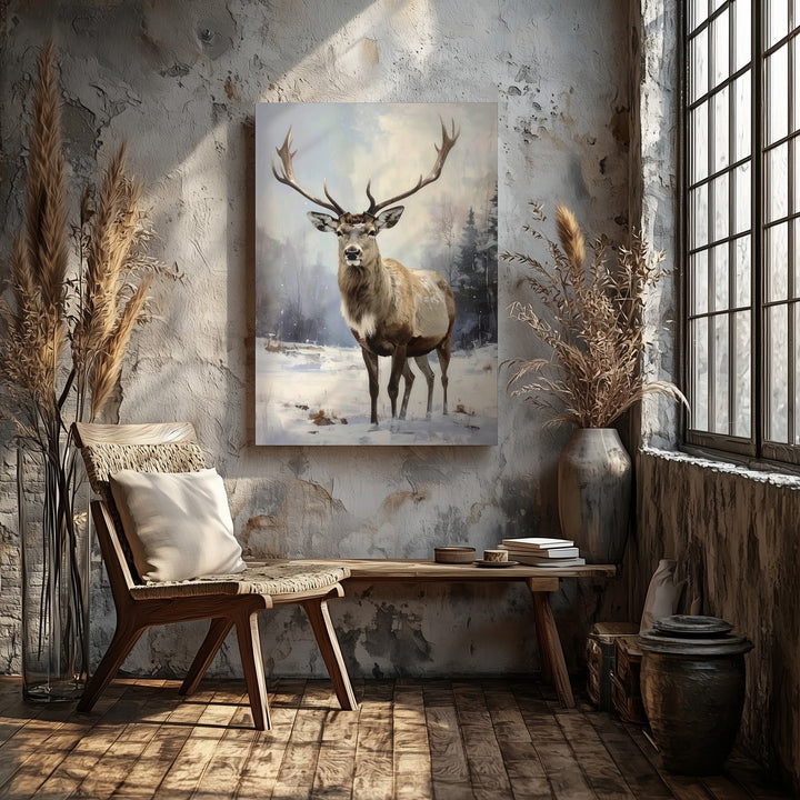 Graceful Reindeer in Snow Canvas – Peaceful Winter Forest Holiday Wall Art - Gifitto