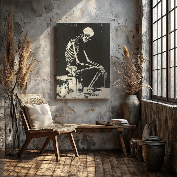 Contemplative Skeleton Canvas – Dark Anatomical Fine Art - Gifitto