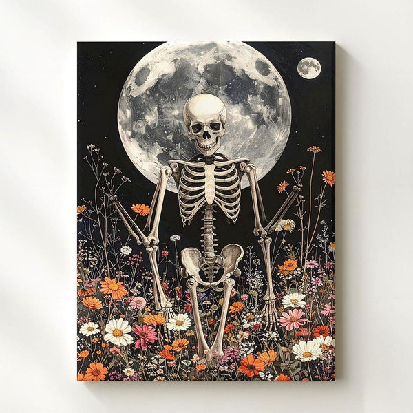 Skeleton in Moonlit Wildflowers Canvas – Mystical Life & Death Wall Art - Gifitto