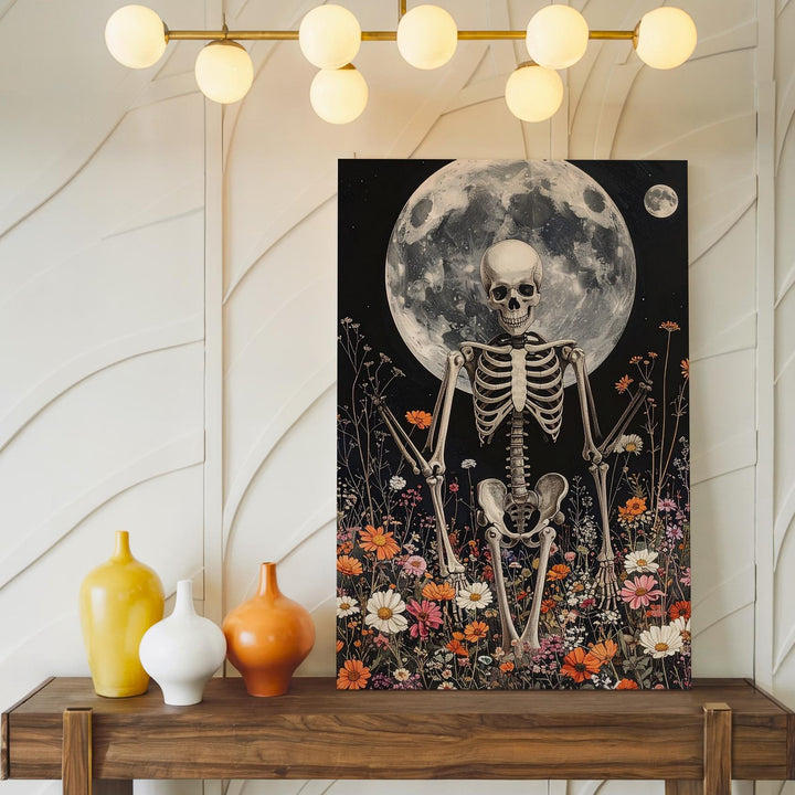 Skeleton in Moonlit Wildflowers Canvas – Mystical Life & Death Wall Art - Gifitto