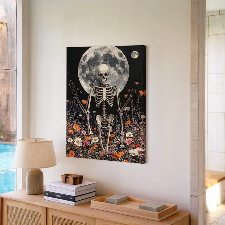 Skeleton in Moonlit Wildflowers Canvas – Mystical Life & Death Wall Art - Gifitto