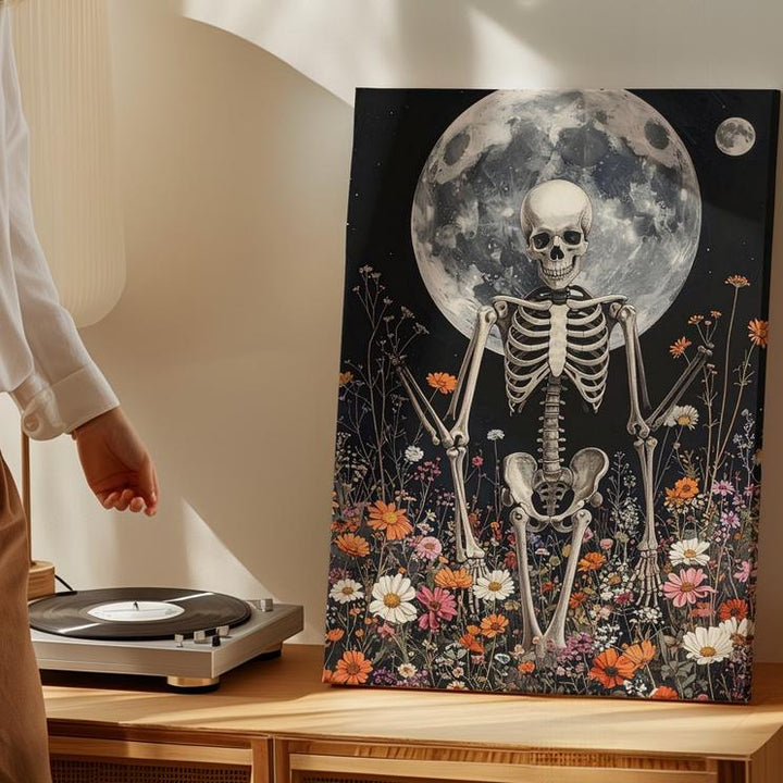 Skeleton in Moonlit Wildflowers Canvas – Mystical Life & Death Wall Art - Gifitto