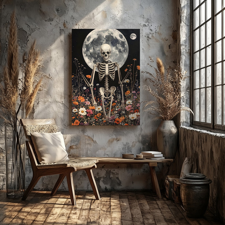 Skeleton in Moonlit Wildflowers Canvas – Mystical Life & Death Wall Art - Gifitto