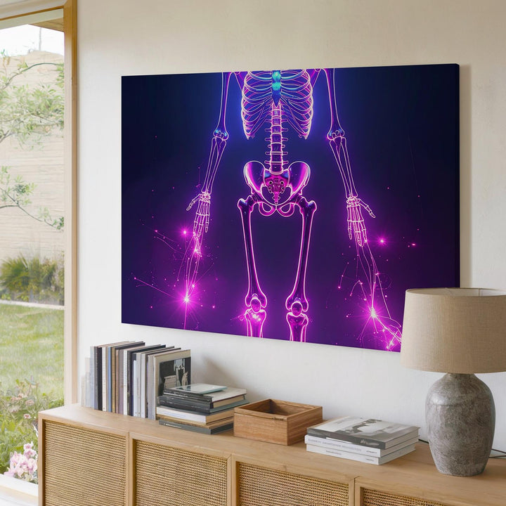 Neon Cyber Skeleton Canvas – Futuristic Techno-Halloween Wall Art - Gifitto