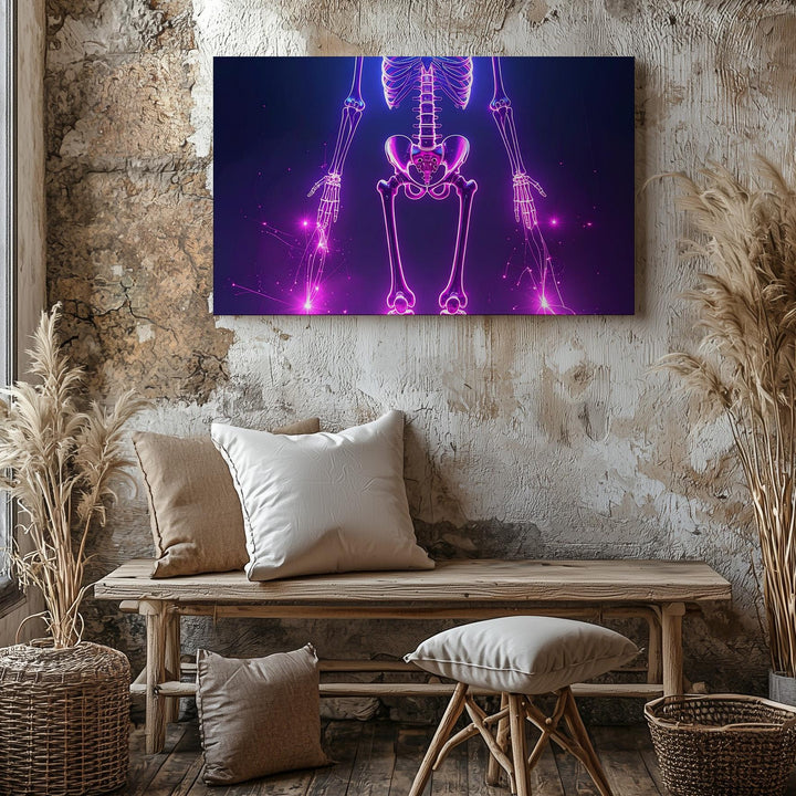 Neon Cyber Skeleton Canvas – Futuristic Techno-Halloween Wall Art - Gifitto