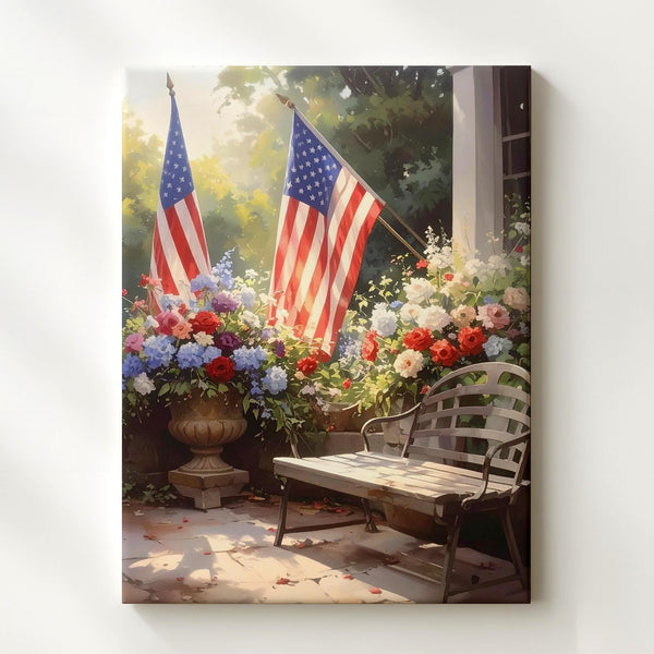 Patriotic Garden Canvas – American Flags, Summer Blooms & Rustic Charm - Gifitto