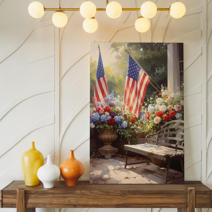 Patriotic Garden Canvas – American Flags, Summer Blooms & Rustic Charm - Gifitto