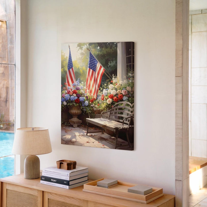 Patriotic Garden Canvas – American Flags, Summer Blooms & Rustic Charm - Gifitto