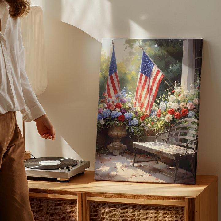 Patriotic Garden Canvas – American Flags, Summer Blooms & Rustic Charm - Gifitto
