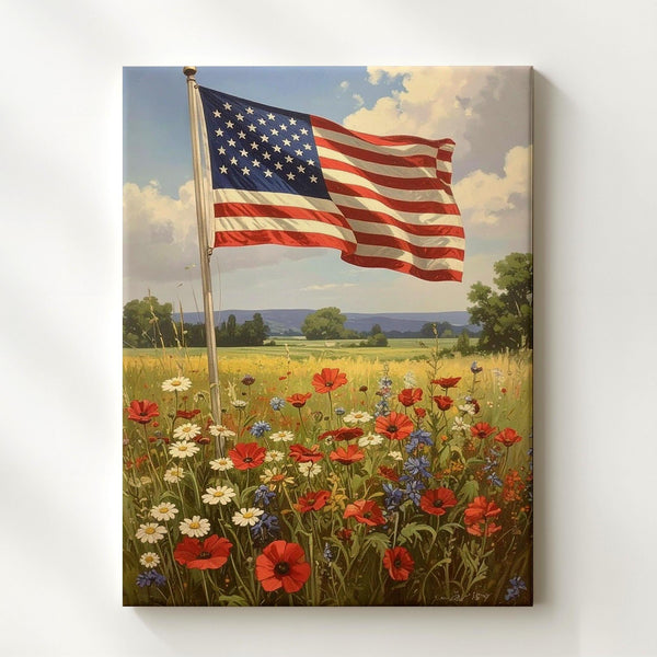 American Flag & Wildflowers Canvas – Pastoral 4th of July Countryside Scene - Gifitto