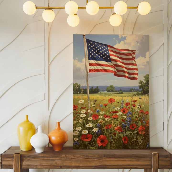 American Flag & Wildflowers Canvas – Pastoral 4th of July Countryside Scene - Gifitto