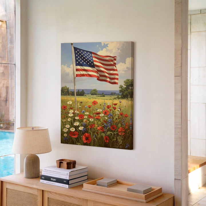 American Flag & Wildflowers Canvas – Pastoral 4th of July Countryside Scene - Gifitto