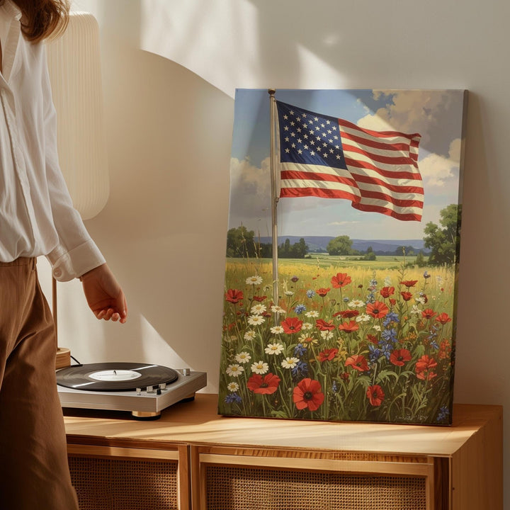 American Flag & Wildflowers Canvas – Pastoral 4th of July Countryside Scene - Gifitto