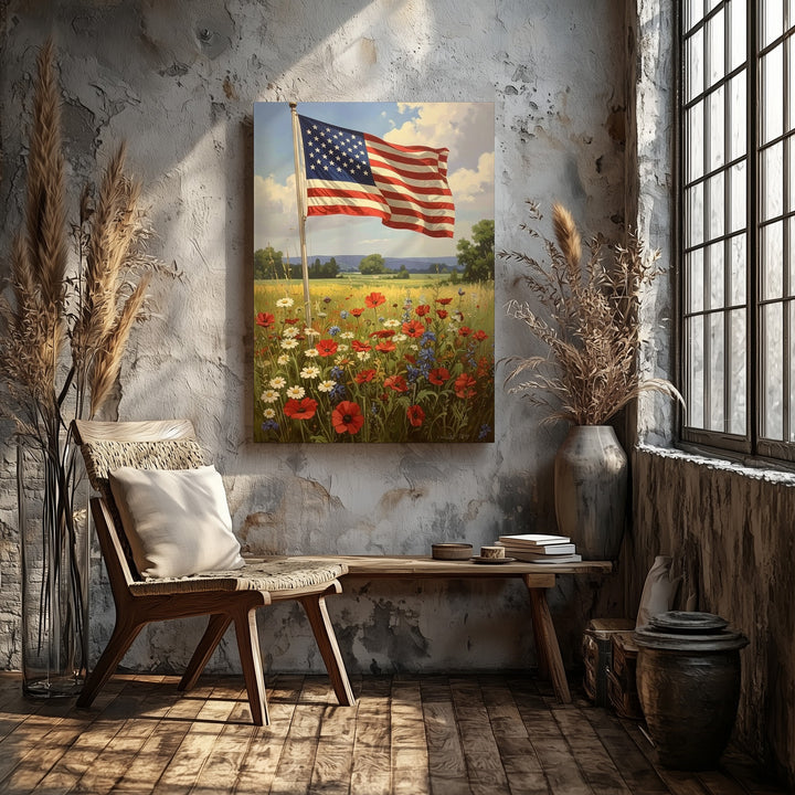 American Flag & Wildflowers Canvas – Pastoral 4th of July Countryside Scene - Gifitto