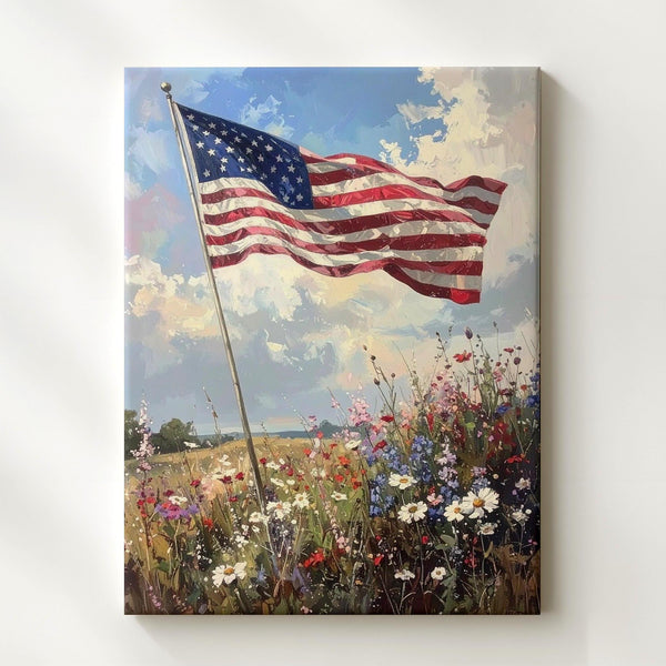 Impressionist American Flag Canvas – Wildflower Field & Pastel Sky - Gifitto