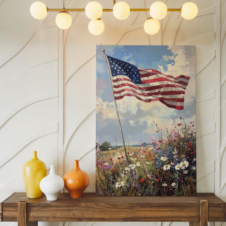 Impressionist American Flag Canvas – Wildflower Field & Pastel Sky - Gifitto