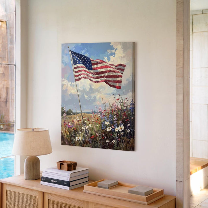 Impressionist American Flag Canvas – Wildflower Field & Pastel Sky - Gifitto