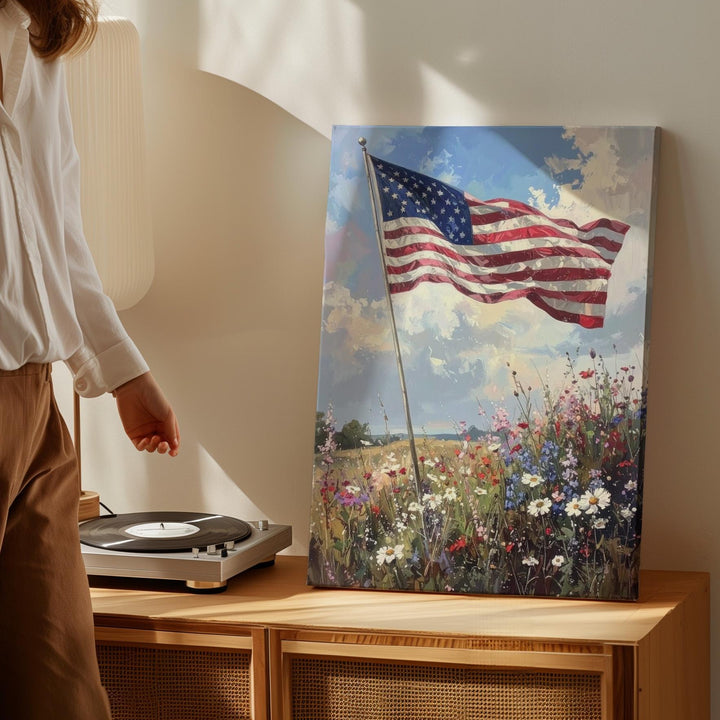 Impressionist American Flag Canvas – Wildflower Field & Pastel Sky - Gifitto