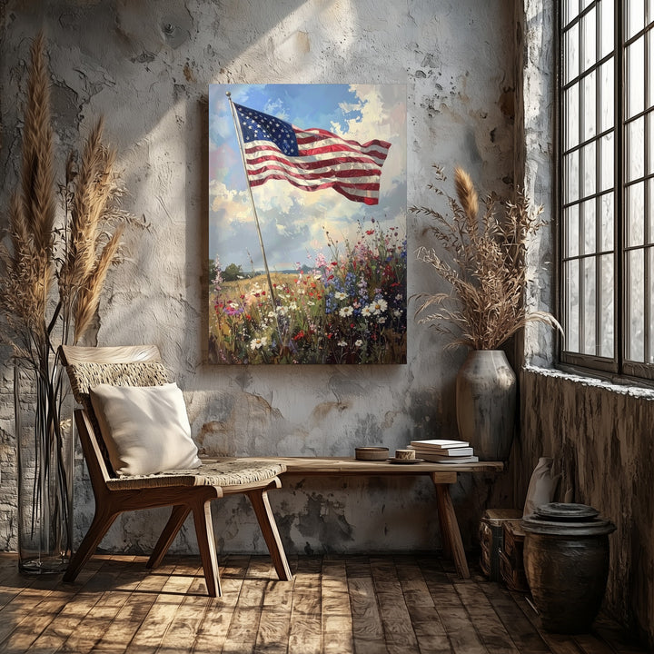 Impressionist American Flag Canvas – Wildflower Field & Pastel Sky - Gifitto