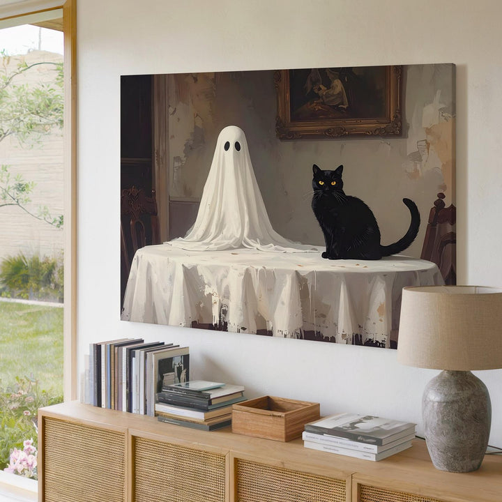 Ghost & Cat Companions Canvas – Vintage Halloween Scene with Haunted Charm - Gifitto