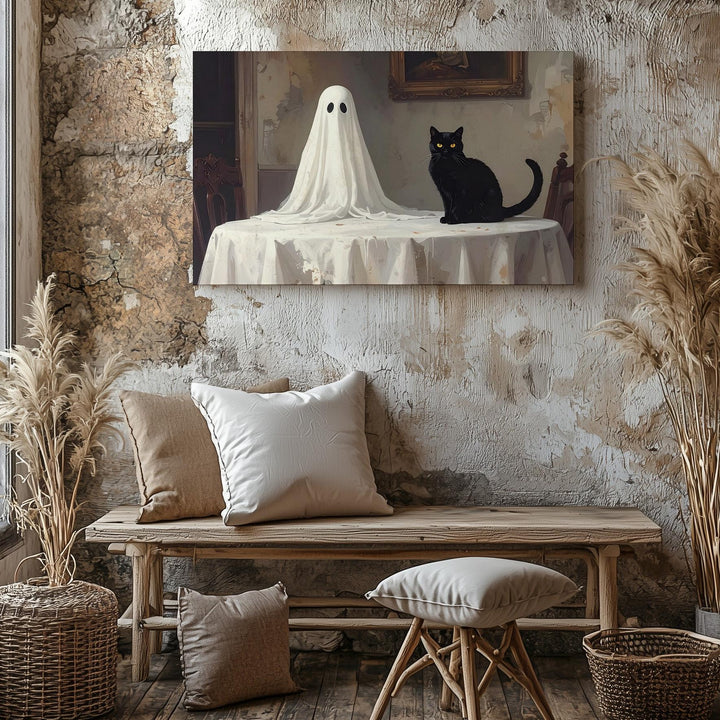 Ghost & Cat Companions Canvas – Vintage Halloween Scene with Haunted Charm - Gifitto