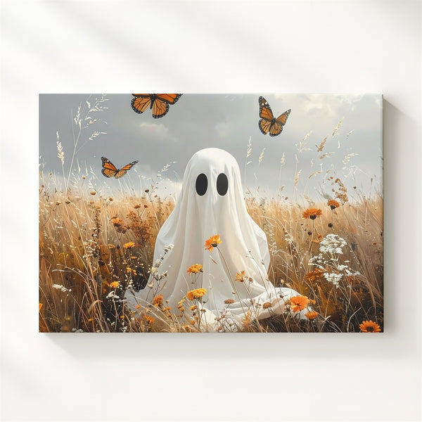 Ghost in Autumn Meadow Canvas – Whimsical Halloween Nature Wall Art - Gifitto