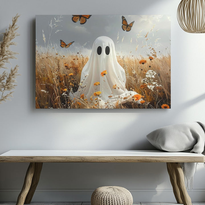 Ghost in Autumn Meadow Canvas – Whimsical Halloween Nature Wall Art - Gifitto