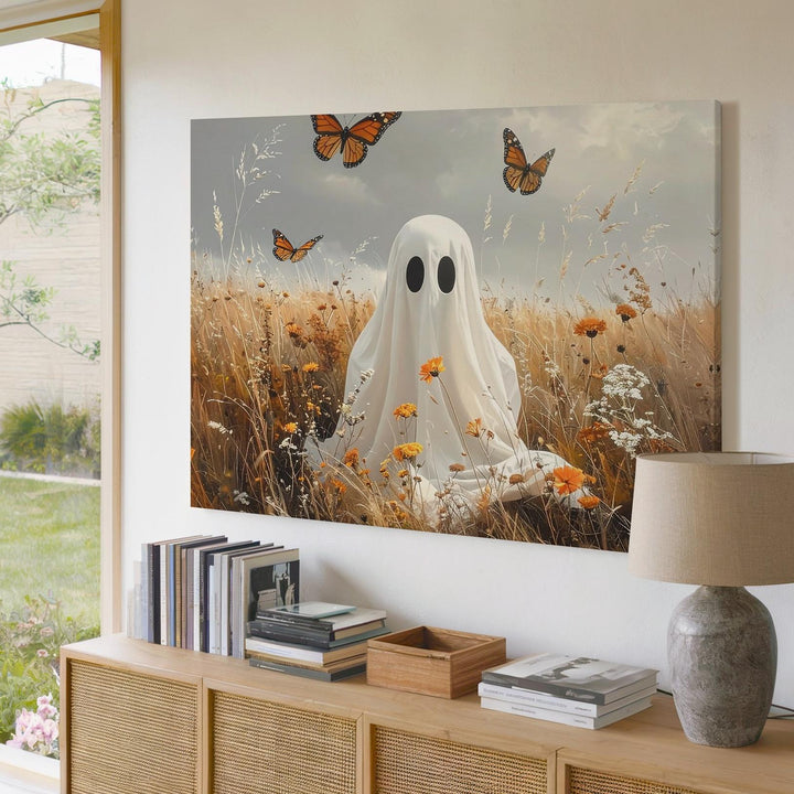 Ghost in Autumn Meadow Canvas – Whimsical Halloween Nature Wall Art - Gifitto