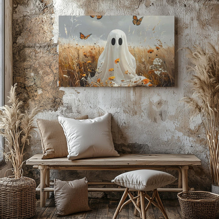 Ghost in Autumn Meadow Canvas – Whimsical Halloween Nature Wall Art - Gifitto