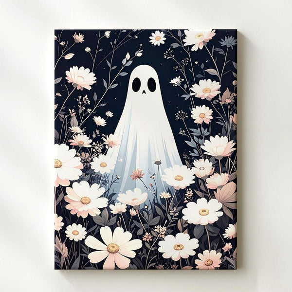 Ghost in Pastel Flower Field Canvas – Whimsical Fantasy Halloween Wall Art - Gifitto