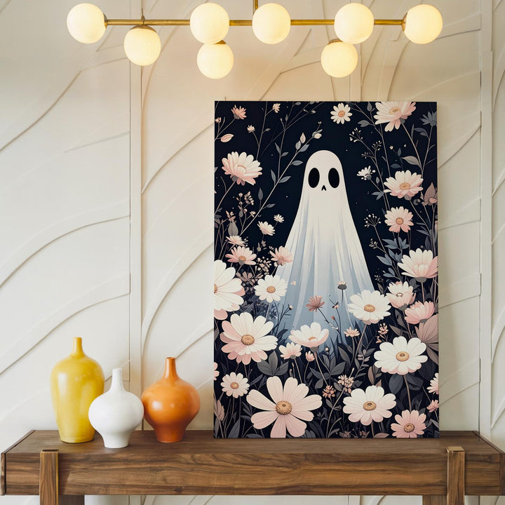 Ghost in Pastel Flower Field Canvas – Whimsical Fantasy Halloween Wall Art - Gifitto