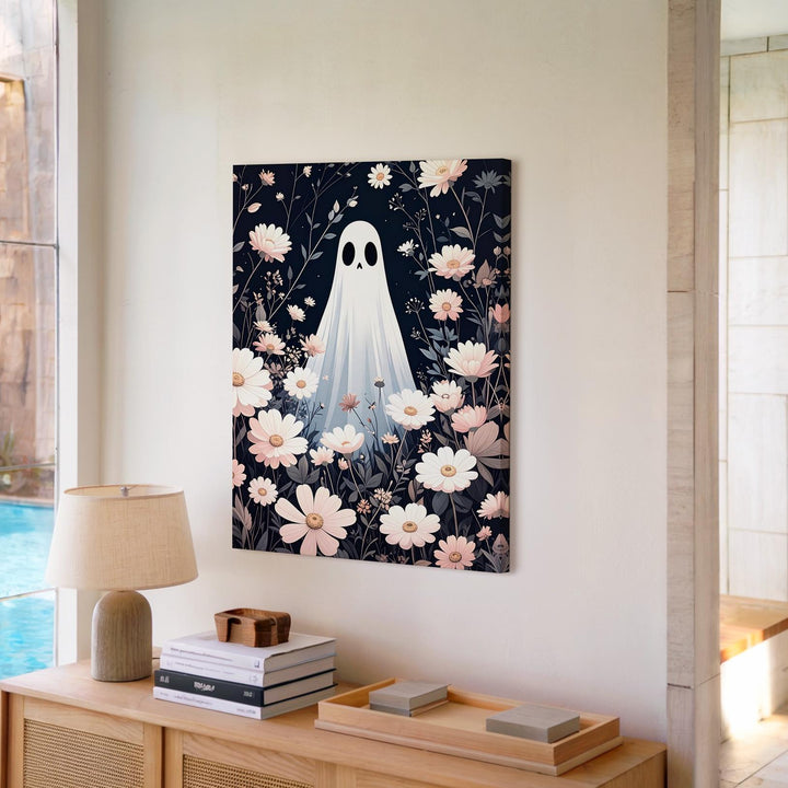Ghost in Pastel Flower Field Canvas – Whimsical Fantasy Halloween Wall Art - Gifitto
