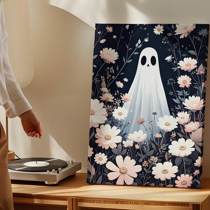 Ghost in Pastel Flower Field Canvas – Whimsical Fantasy Halloween Wall Art - Gifitto