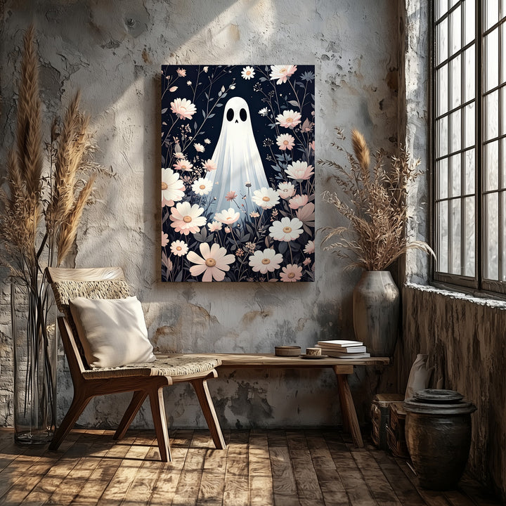 Ghost in Pastel Flower Field Canvas – Whimsical Fantasy Halloween Wall Art - Gifitto