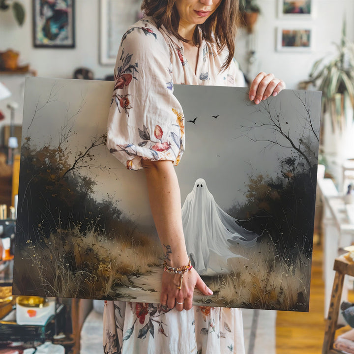 Autumn Ghost Path Canvas – Poetic Halloween Spirit in Withered Woods - Gifitto