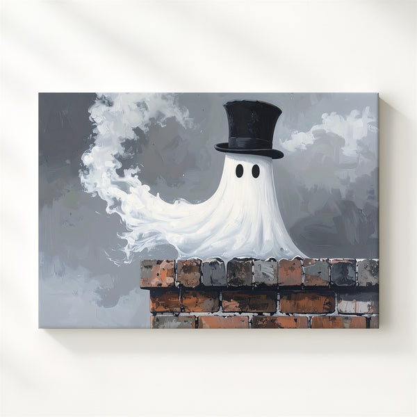 Chimney Ghost Canvas – Whimsical Fog Spirit with Stovepipe Hat Wall Art - Gifitto