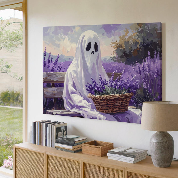 Lavender Field Ghost Canvas – Pastel Halloween Spirit in Nature Wall Art - Gifitto