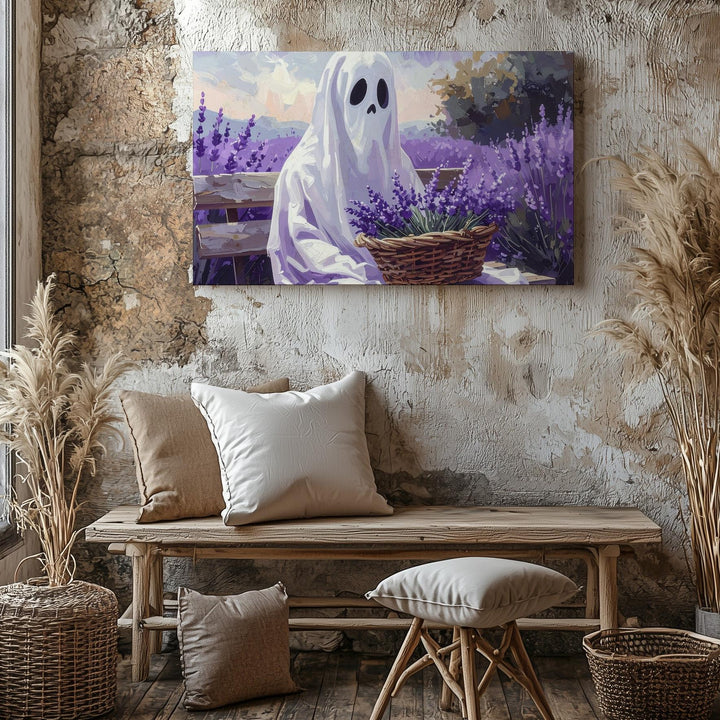Lavender Field Ghost Canvas – Pastel Halloween Spirit in Nature Wall Art - Gifitto