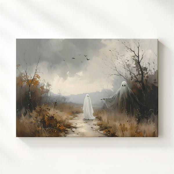 Forest Watcher Ghost Canvas – Melancholic Spirit on Foggy Woodland Path - Gifitto