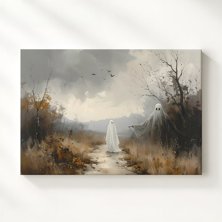 Forest Watcher Ghost Canvas – Melancholic Spirit on Foggy Woodland Path - Gifitto