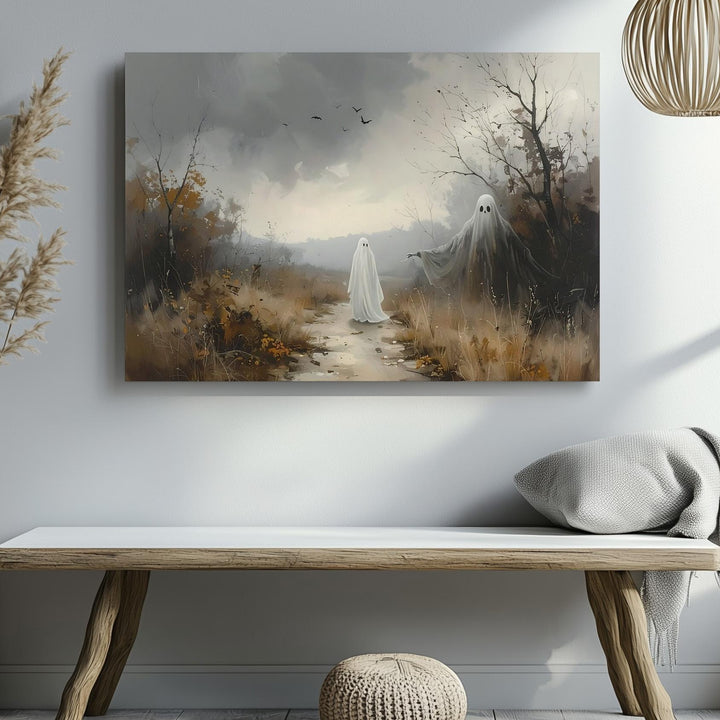 Forest Watcher Ghost Canvas – Melancholic Spirit on Foggy Woodland Path - Gifitto