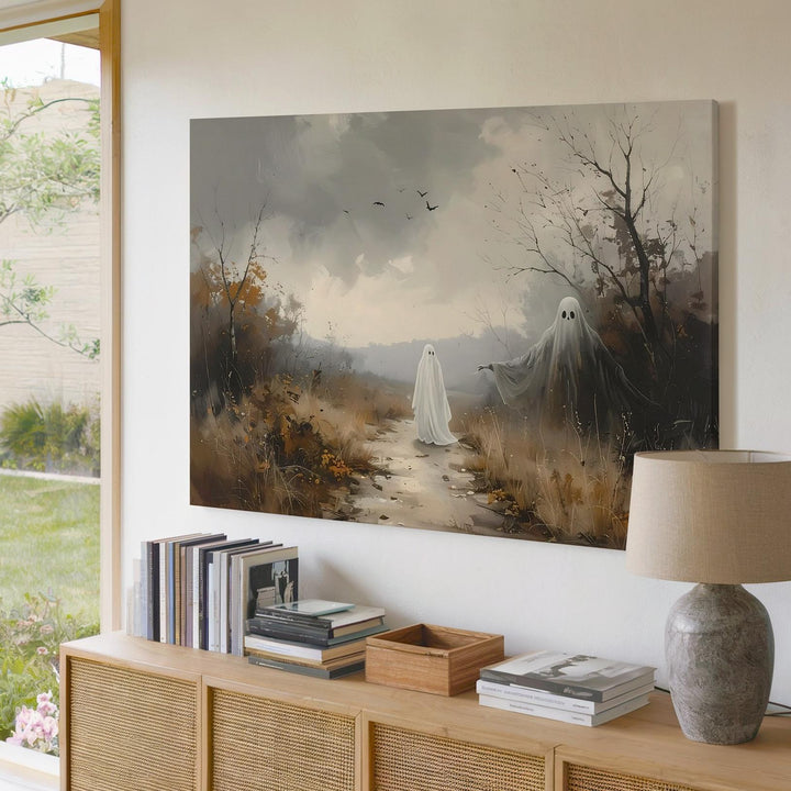 Forest Watcher Ghost Canvas – Melancholic Spirit on Foggy Woodland Path - Gifitto
