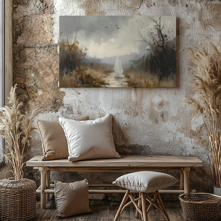 Forest Watcher Ghost Canvas – Melancholic Spirit on Foggy Woodland Path - Gifitto