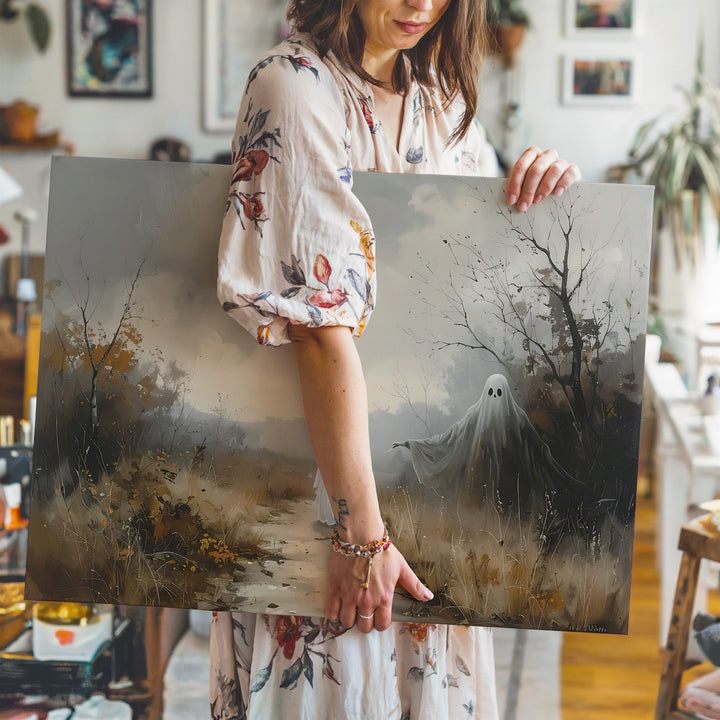 Forest Watcher Ghost Canvas – Melancholic Spirit on Foggy Woodland Path - Gifitto