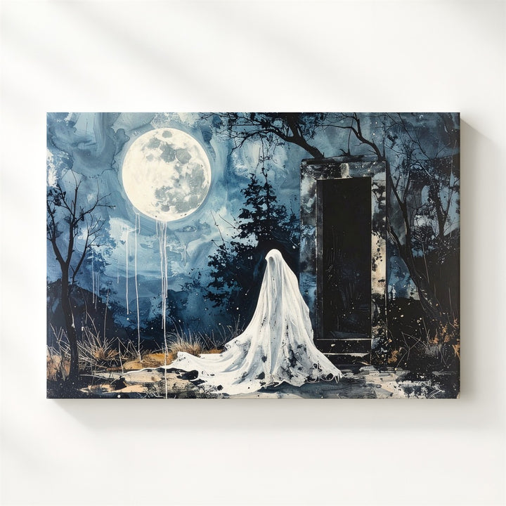 Ghost at the Forest Doorway Canvas – Melancholic Gothic Halloween Art - Gifitto