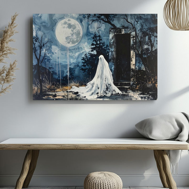 Ghost at the Forest Doorway Canvas – Melancholic Gothic Halloween Art - Gifitto
