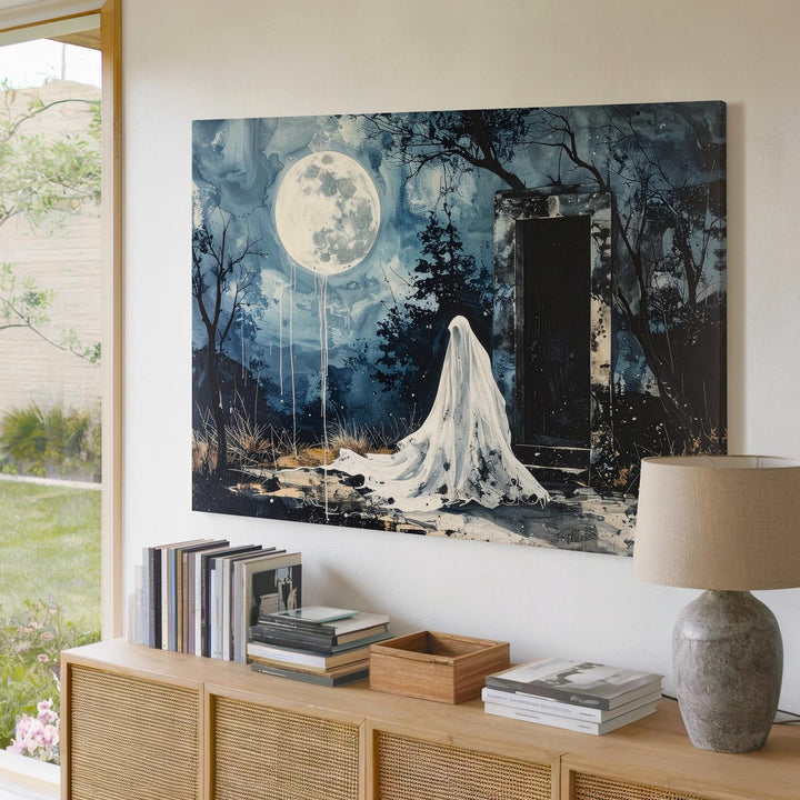 Ghost at the Forest Doorway Canvas – Melancholic Gothic Halloween Art - Gifitto